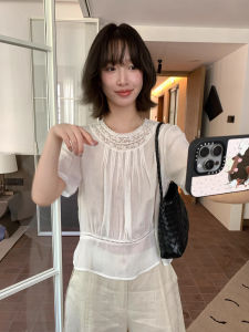 ZHILU | Retro Unique Gathered Lace Trim Ramie Loose Summer Shirt
