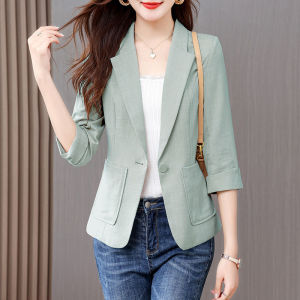ลำลอง บาง ฤดูร้อน แขนสั้น ชุดสูท เสื้อแจ็คเก็ต ผู้หญิง Small Fit Pure Color Commute Style ปุ่มเดียว เสื้อโค้ท แขนเจ็ดแปด