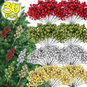 30ชิ้นผลเบอร์รี่เกล็ดแวววาวประดิษฐ์ลำต้นผงทองเครื่องประดับดอกไม้ปลอมต้นคริสต์มาสสีแดงสีเขียวเงินฮอลลี่เบอร์รี่ตกแต่งคริสต์มาส