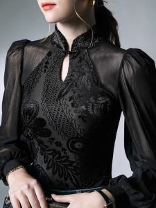 WANGGONGZHU | Princess Style Splice Mesh Hollow Out Long Sleeve Cheongsam Top Women Spring Autumn New Design Sensation Retro Stand Collar Shirt