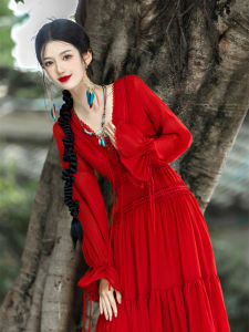 Bohemian Red Maxi Dress Long Sleeve V-Neck Vacation Style Spring Summer Floor Length Skirt Single Piece Other Material