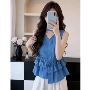 Shalldoer | Korean Style Gentle V-neck Halter Waist-cinching Shirt and Wide Leg Pants Suit