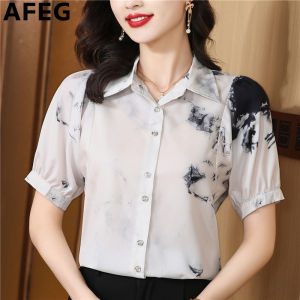 AFEG new Korean version of shirt collar fashion loose vintage ink print chiffon short-sleeved blouse for women