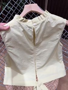 Áo sơ mi PAIBOLI cho nữ không tay kiểu cổ đứng có chi tiết ren gỗ phong cách Pháp thanh lịch