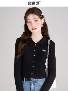 Black Polo Long Sleeve Short T-Shirt Womens Spring Autumn New Style Sweet Base Layer Elegant Top Shoulder Width Regular
