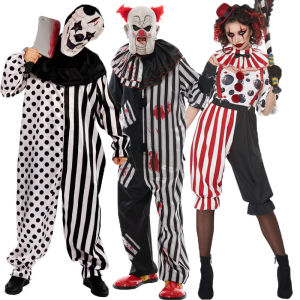 Movie Terrifier Cosplay Costume Adult Kid Black White Clown Jumpsuit Headcover Hat 3pcs sets Halloween Horror Costume Role Playing