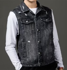 Stylish Slim Fit Mens Denim Vest Trendy Sleeveless Jacket Autumn Outerwear Single Button Closure Classic Collar Youth Fashion