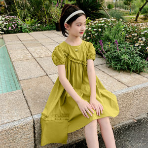 Princess Style Summer Dress for Girls Childrens Clothing Cotton Fabric A-Line Skirt Short Sleeve Pure Color Tourist Scene