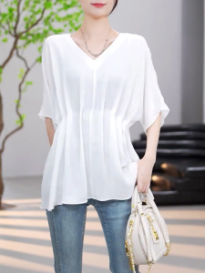 QINGNAER | Minimalist Casual Slimming Plus Size V-neck Short Sleeve Top