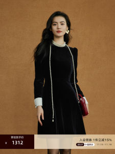 OBEG Velvet Dress Womens Gentle Rich Girl Style French Black Dress High Waist Bubble Sleeve Long Sleeve Slim Fit City Commute