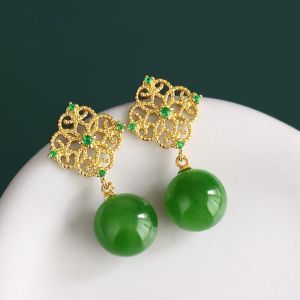 Original Design Hetian Jade Gray Jade Earrings S925 Silver Stud Eardrops Earrings Elegance Retro Chinese Style Female