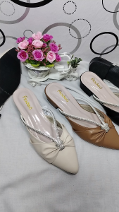 Sepatu sandal wanita kekinian termurah/sandal wanita hak slip on 3cm mutiara pita 04
