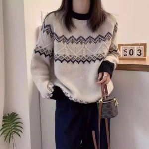 WANGGONGZHU | Retro Color Block Knitwear Womens Thickened Autumn Winter New Fashion Soft Cozy Overhead Sweater Anti-Aging Lazy Top