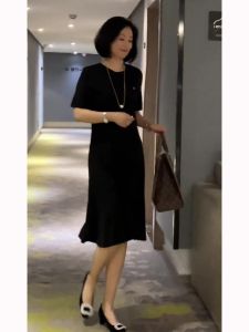Summer 2025 Hepburn Style Black Long Dress plus Size Women Formal Occasion Fatter Sister Slimming Dress Korean Version A-Line Skirt Polyester Fiber