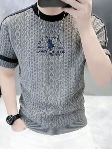 Kawadu | Mens Round Neck Short Sleeve T-Shirt Hemp Texture Color Block Embroidery Ice Silk Fabric