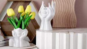 White Ceramic Face Vase Female Form Head Half Body Bust Vases Boho Feminist Minimalism Decorative Modern Nordic Style Flower Vase for Home Living Room Office Book Shelf Decor (Medium)