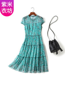 Loose Floral Print Chiffon Summer Dress Womens Short Sleeve A-Line Skirt High Waist round Neck Pullover Polyester Fiber