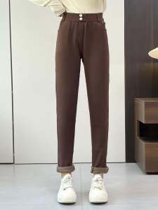 กางเกงขายาวทรงสลิมฟิตเอวสูงผ้าขนแกะบุขนแกะแบบยืดหยุ่นสูงสำหรับฤดูใบไม้ร่วงและฤดูหนาวสำหรับผู้หญิง กางเกงขายาวทรงสลิมฟิตแบบยืดหยุ่น