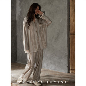 Qiaoweni Modal Cotton Sleepwear Womens Spring Autumn Long Sleeve Integrated Anti-Bulge Stripe Pants Set with Chest Pad
