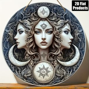 8in Black Cat Goddess-Themed Retro Cool 2D Wooden round Plate Home Kitchen Cafe Living Room Bar Furniture Hanging Decoration