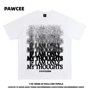 Pawcee American Retro Chinese Fad Floating Letters Fashion Brand Short Sleeve T-shirt Men and Women Loose Easiest for Match Couples Tops Ins