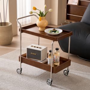 Rustic Solid Wood Mobile Sofa Side Table Double Layer Storage Rack Living Room Bedroom Versatile Utility End Table Organizer