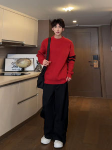 Red Knitted Sweater Mens Winter Fashion Brand High-End Feel Three Bars Vintage American Style Loose Fit Breathable Thickened