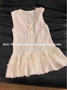 Sweet Lace Trim Vest Womens Base Skirt Sleeveless Strap Shirt Top Outerwear Gentle White Embroidery Butterfly Knot Commute Style