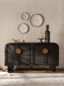 American Retro Black Rattan Entrance Cabinet French Style Mid-Ancient Silent Style Sideboard Cabinet Homestay Hotel Solid Wood Display Cabinet