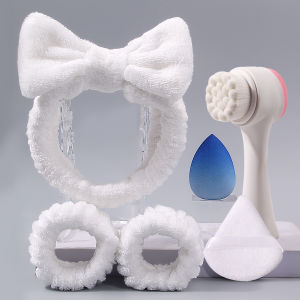 Bộ Dụng Cụ Làm Đẹp 6 Món Với Băng Đô Nơ Vòng Đeo Tay Chống Nước Bàn Chải Rửa Mặt & Bông Mút Trang Điểm Để Chăm Sóc Da & Trang Điểm