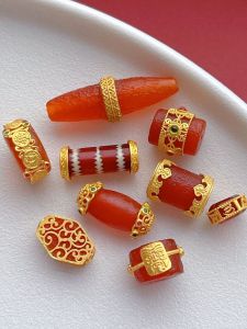 Natural Old Agate Barrel Bead Spacer DIY Bracelet Gold Plated S925 Silver Accessories Embedded Road Road Unblocked Lucky Beads