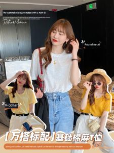 Ice Silk Cotton Linen Womens T-Shirt Summer Short Sleeve Loose Thin Beautiful White Commute Style round Neck Regular Fit