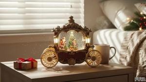 Vintage Christmas Carriage Snow Globe with Santa Scene Lighted Musical Snow Globe with Music & Timer Swirling Glitter Decor Gift