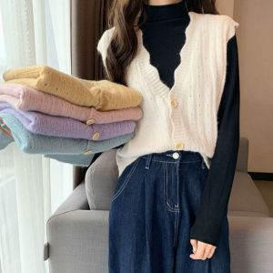 Womens Loose Knitted Vest Hollow out V-Neck Spring Autumn Cardigan Style Fashionable And Versatile Korean Straight Cut