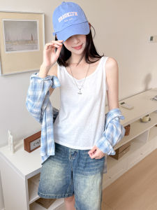 เสื้อกั๊กคอวีแขนกุดผ้าลินินคอตตอนสีขาวสำหรับผู้หญิงในฤดูร้อน ทรงหลวม ทรงหลวม ไร้แขน ปกปิดแขนงอก กระชับสัดส่วน เสื้อตัวนอก