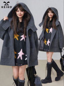 KEIKO | Premium Grey Hooded Wool Cape Coat Women Autumn Winter Slimming Overcoat