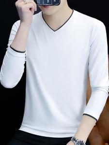 [Factory Batch One Piece Dropshipping] Double Layer Contrast Color V-neck Pure Cotton Long Sleeves T-Shirt Male Autumn Solid Color Simple Bottoming Shirt