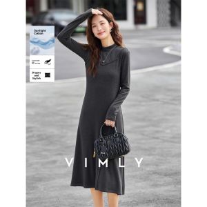 Vimly | Gray Knitted Fish Tail Dress Womens Slim Fit Stand Collar Design Casual Long Skirt Autumn New Style Vimly Fashion Brand