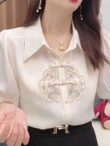 New Chinese Style Womens Shirt Summer 2026 Short Sleeve Belly Covering Slimming Versatile Short Sleeve Top for Women
