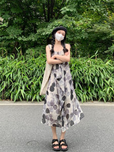 Minirose New Chinese Style Square Collar Ink Tie-Dye Polka Dot Brace Dress Print Mid Length Long Length Heather Dress Summer
