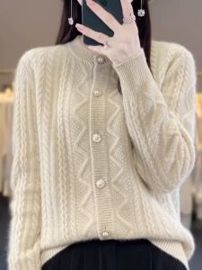 Áo Len Cardigan Dệt Kim Dày 2024 Mới Cho Nữ Dáng Rộng Thoải Mái Phong Cách Hàn Quốc Dài Tay Cổ Tròn Màu Trơn