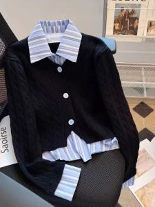 Chic Short Knitted Sweater Cardigan Womens Fashionable Patchwork Autumn Winter French Style Versatile Commute Wind Button Detail