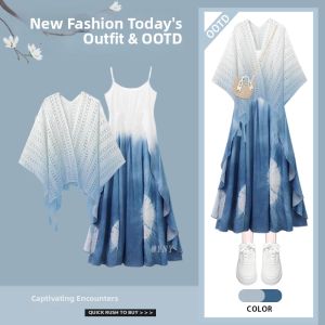 YINGKETUO | Slimming Blue Tie-dye Gradation Wrap Sundress Set