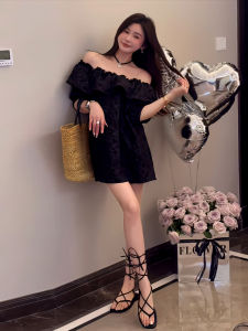 French Style Bubble Sleeve Shirt Dress Womens Summer New Design Sense Pleated Lace Edge High Waist A-Line Dress One Shoulder