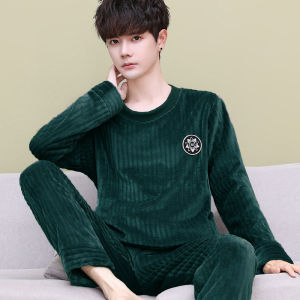 Bộ Đồ Ngủ Nam Bằng Vải Nỉ San Hô Dày Dặn Mùa Đông Quần Dài Cổ Tròn Thoải Mái Mặc Ở Nhà Chất Liệu Polyester