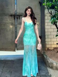 Dopamine Tye-Dye Island Atmosphere Long Skirt See-Through Mesh Wrap around Waist Print Butterfly Holiday Style Womens Dress