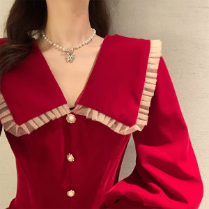 Elegant Red Velvet Doll Collar Wedding Dress for Women Autumn Winter Korean Style Long Sleeve Formal Gown for Engagement
