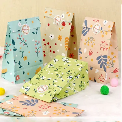12/24PCS Plant Pattern Gift Paper Bags for Candy Cookie Bakery Kraft Paper Packaging Bags with Stickers