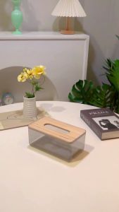 Siggi Kotak Tisu Transparan Tutup Kayu Aesthetic/Tempat Tissue Akrilik Modern Minimalis