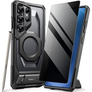 TONGATE Magnetic for Samsung Galaxy S25 Ultra Case with Aluminum Alloy Stand Privacy Screen Protector Compatible with MagSafe TPU Anti-slip Edge Military Grade Protection Case for S25 Ultra Black